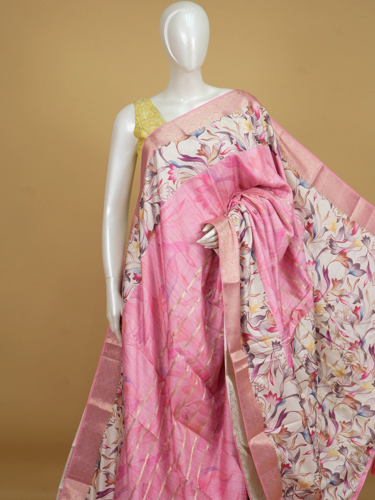 Pink and cream Dola silk saree with multicolour floral print and gold zari border