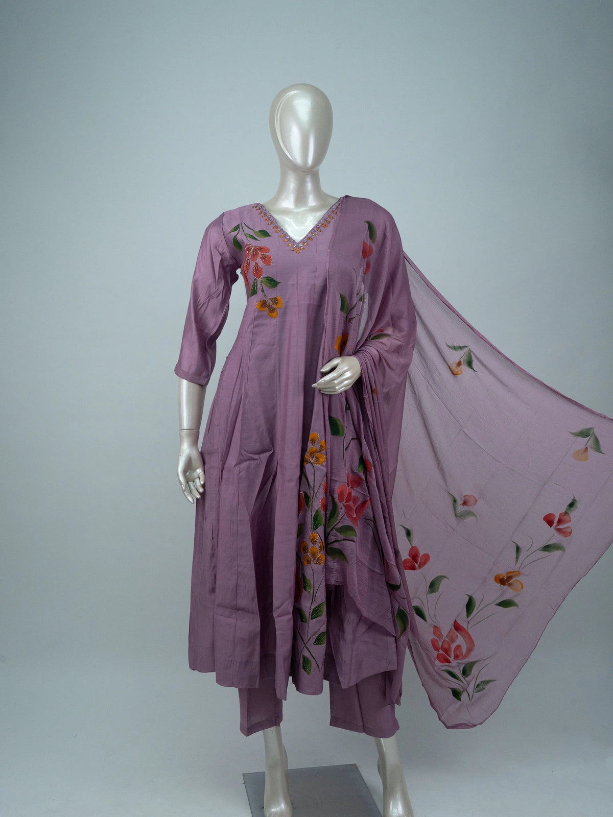 Lilac hand-painted floral Anarkali kurti set with mirror-work neckline and matching dupatta