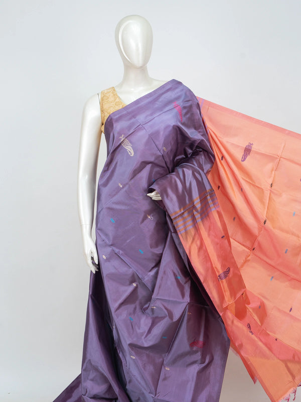Lavender purple banana silk saree with peach pallu, paisley buttas and slim zari border