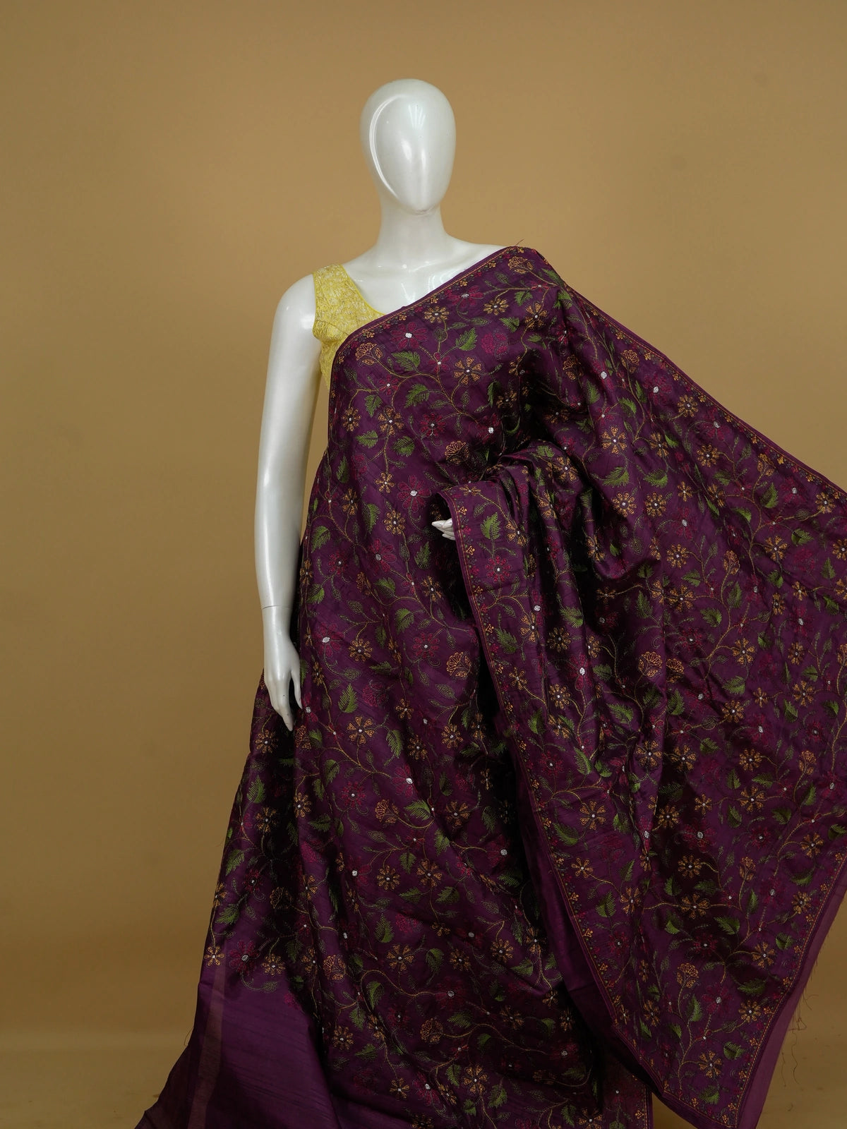Purple semi tussar saree with allover multi-colour floral embroidery and paisley border