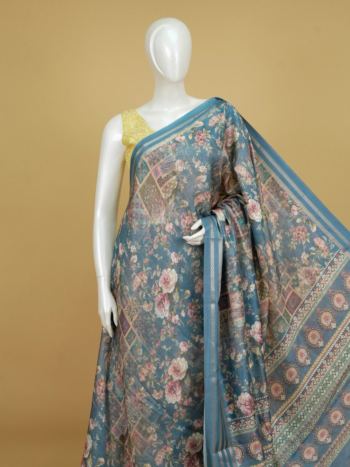 Steel blue designer saree with pink vintage floral print and zari border
