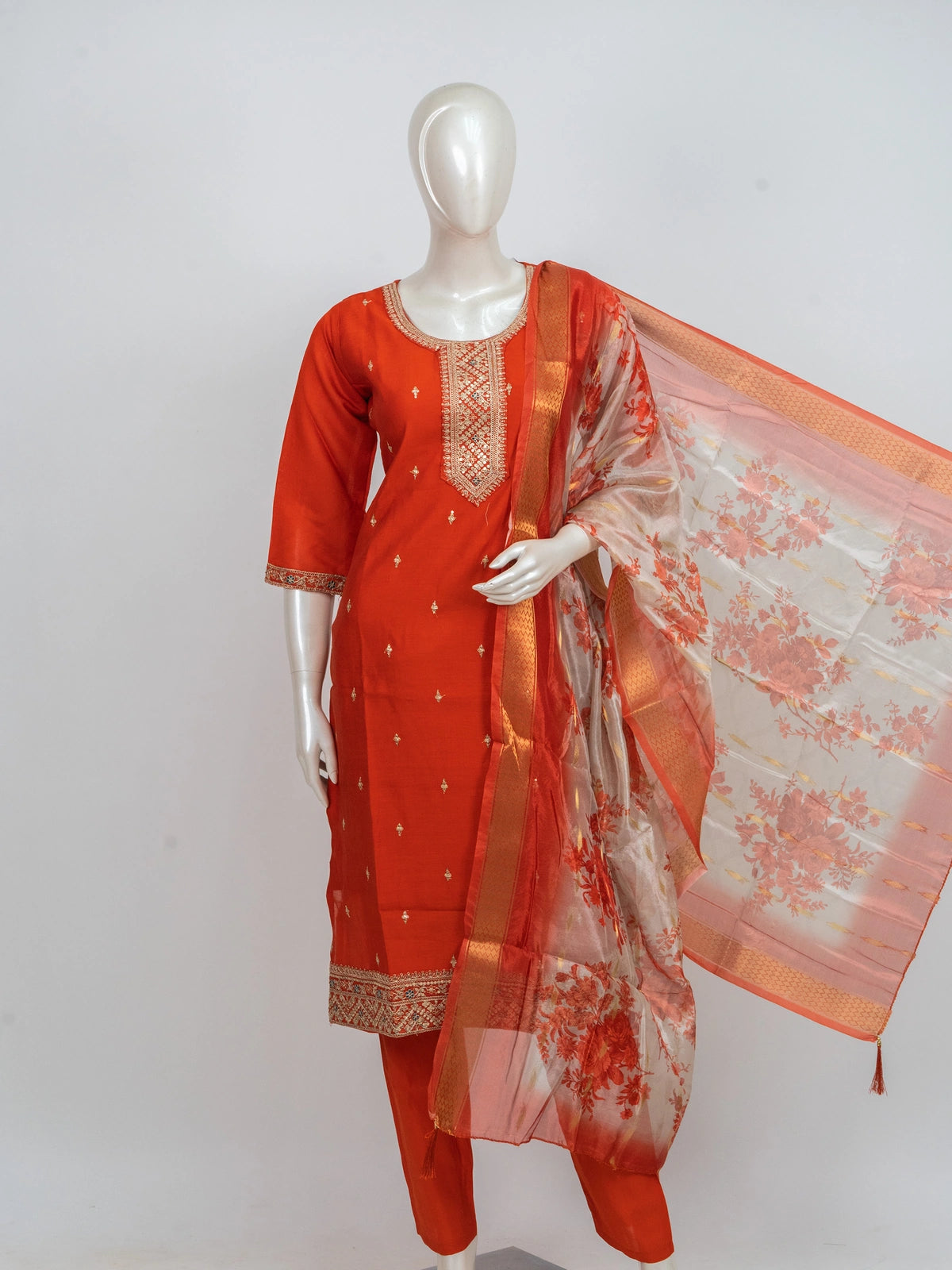 Orange silk blend zari embroidered straight cut kurti set with floral dupatta