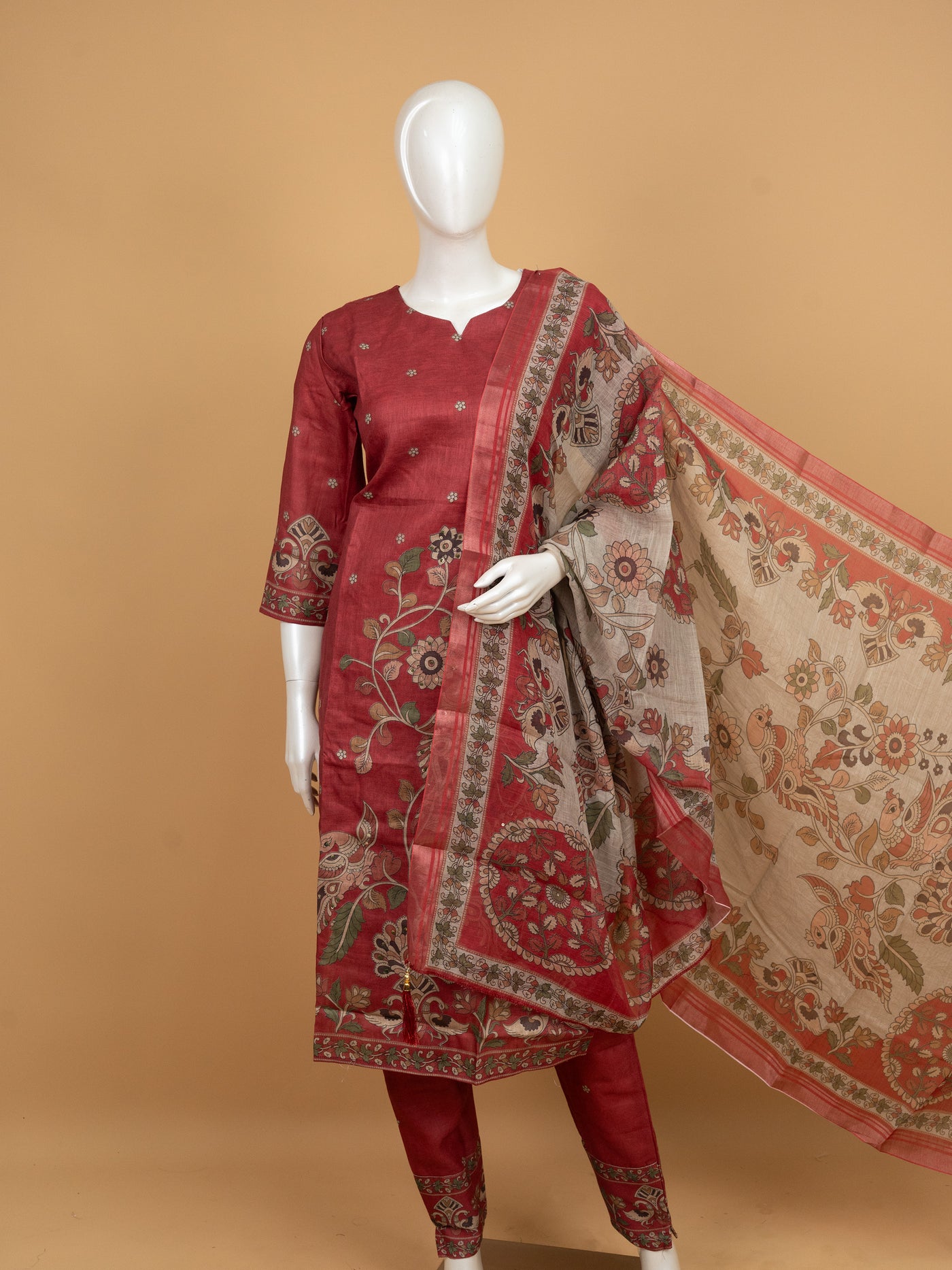 Rani Pink Embroidered Straight Cut Kurti Set with Kalamkari Dupatta