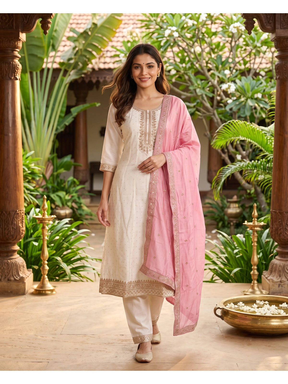 Off-White with Pink Dupatta Ready Made Kurti Set