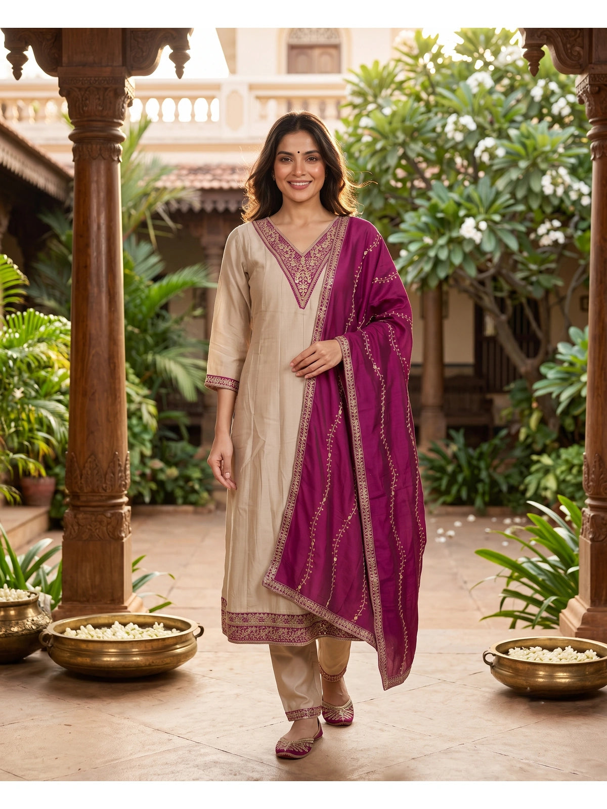 Beige with Magenta Dupatta Embroidered  Umbrella Kurti Set