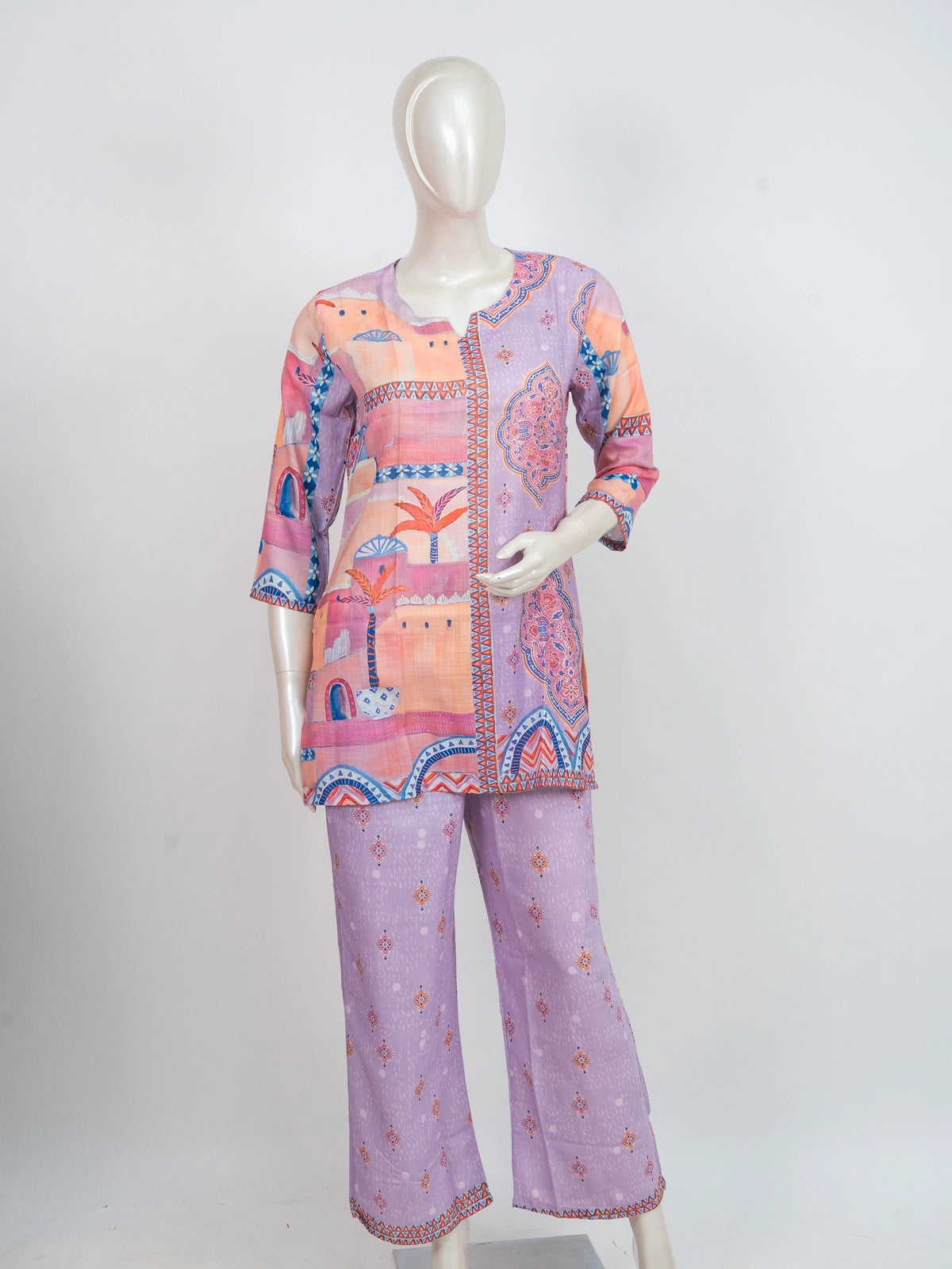 Lilac multicolour printed cotton co-ord set with short kurti top and wide-leg palazzo