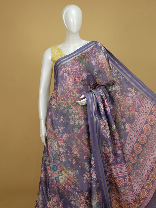 Purple and lavender organza designer saree with floral patchwork print and gold zari border