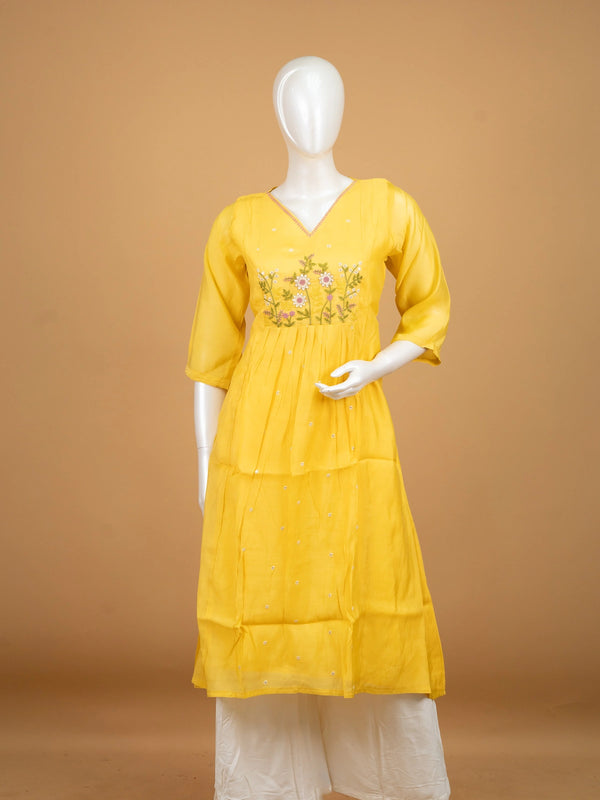 Yellow floral embroidered Anarkali kurti top with V-neck and 3/4 sleeves