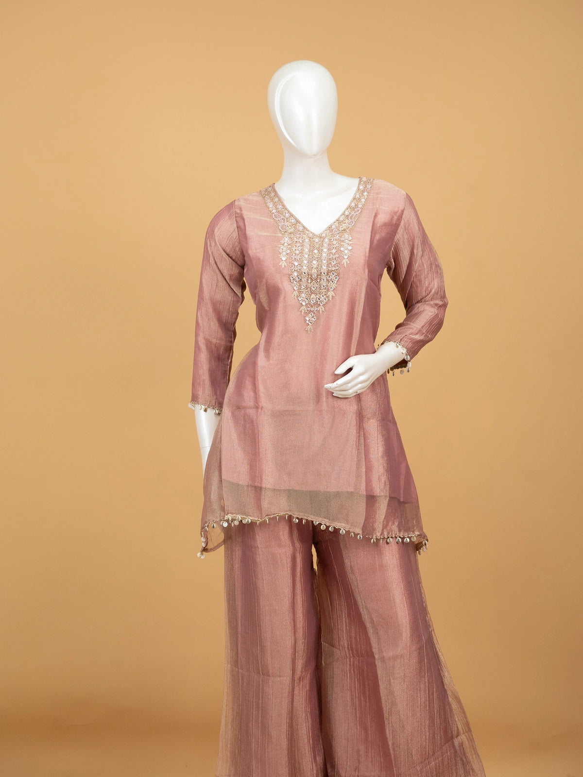 Dusty rose tissue silk co-ord set with embellished V-neck kurti and flared palazzo pants