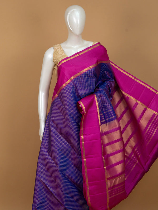 Royal blue pure Kanchipuram silk saree with gold zari checks and contrast magenta pink zari border