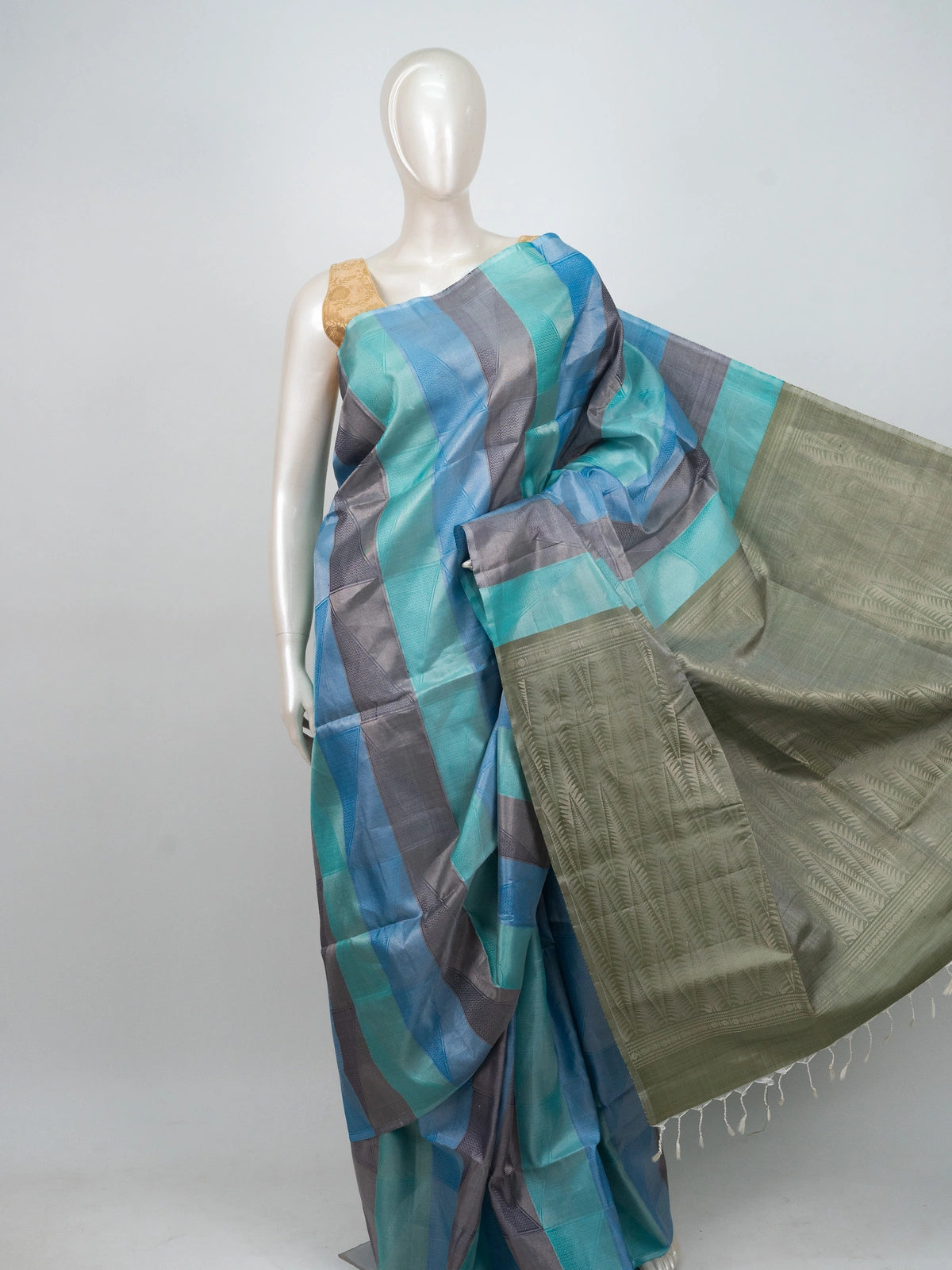 Blue and teal checked soft silk saree with contrast olive-green woven pallu and border