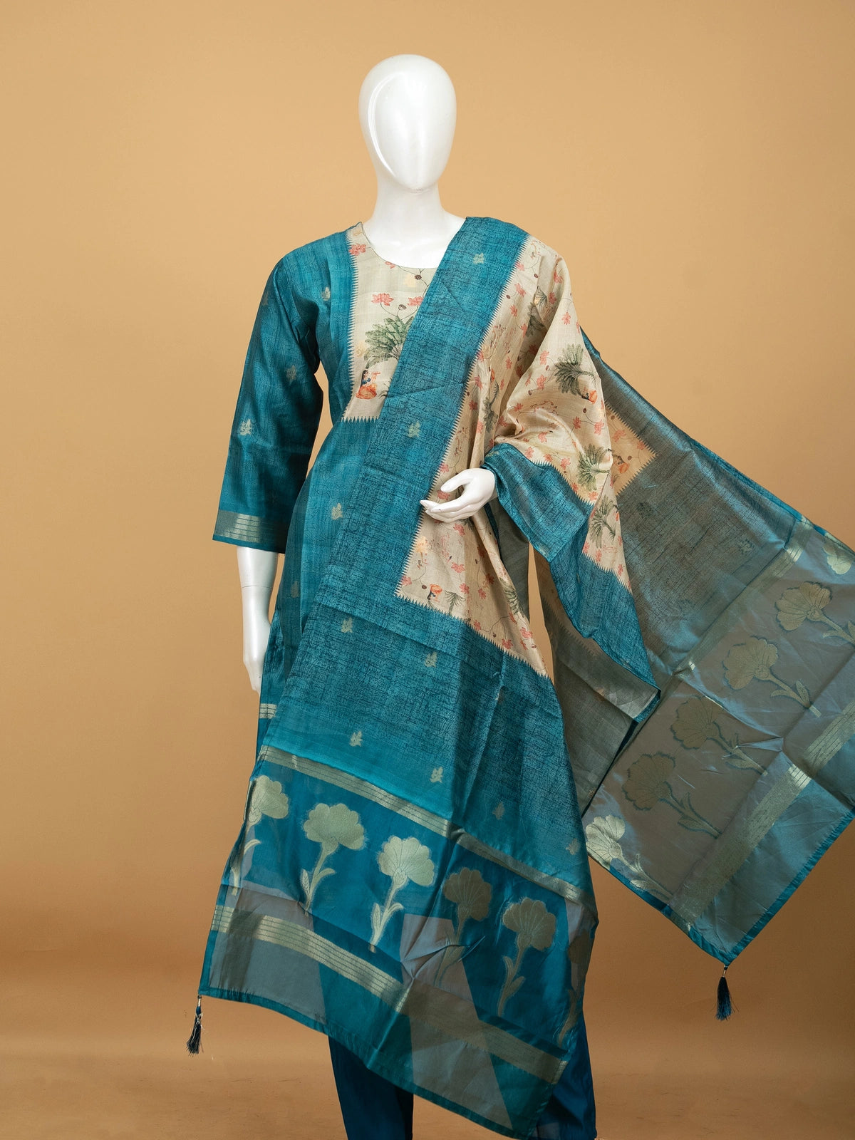 Teal tussar silk Pichwai printed straight cut kurti set with beige peacock dupatta and pants