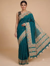 Teal Green and Cream Linen Cotton Saree