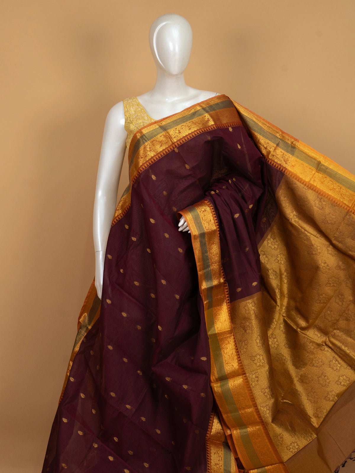 Wine Chettinad cotton saree with gold zari buttas and contrast mustard-gold temple border