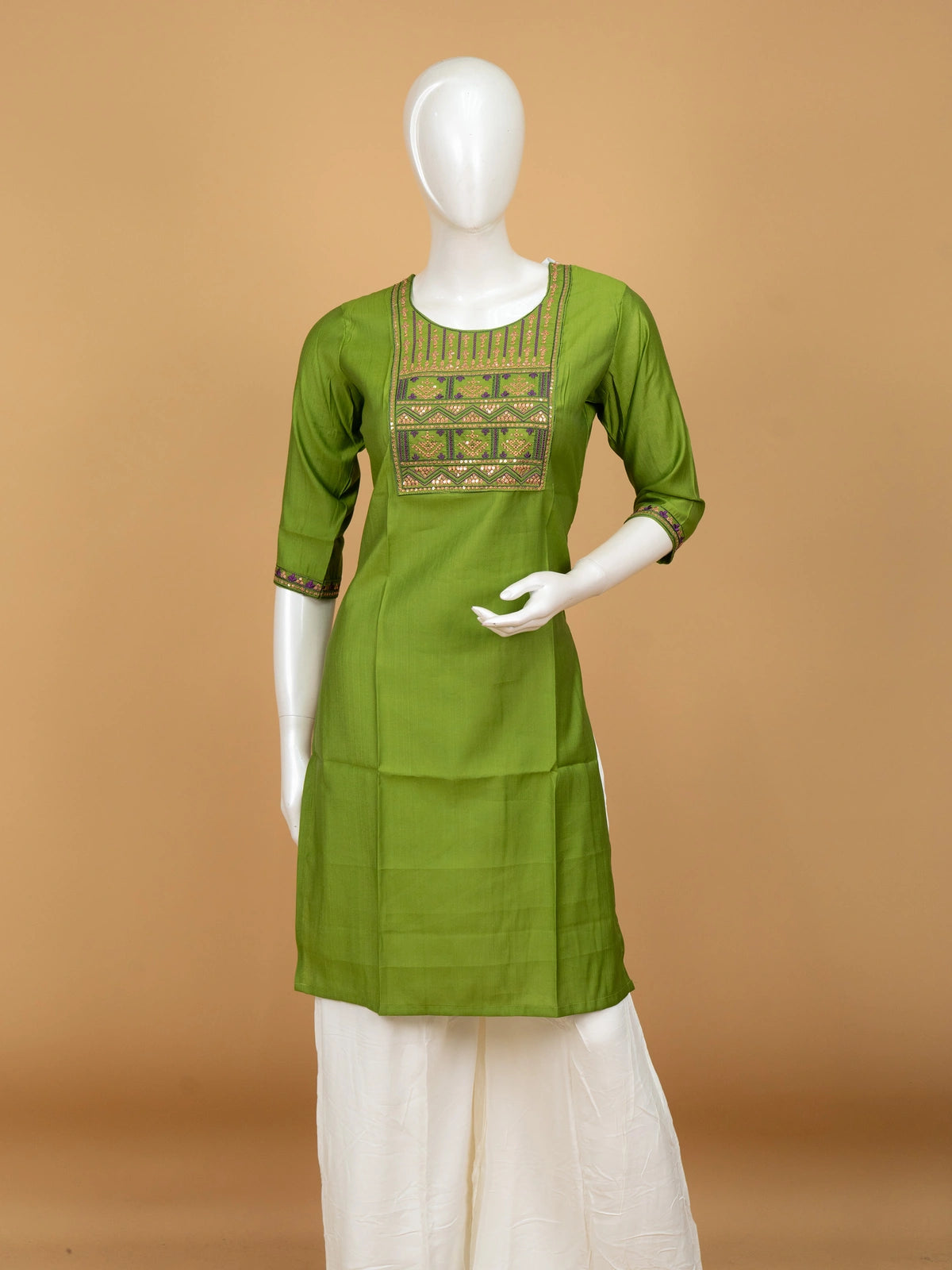 Green cotton silk straight cut kurti top with purple and gold embroidered yoke