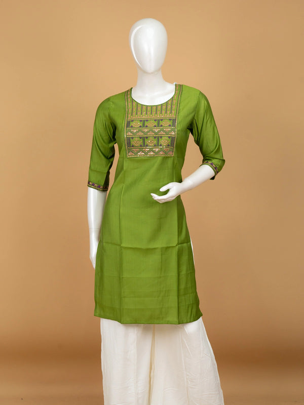 Green cotton silk straight cut kurti top with purple and gold embroidered yoke