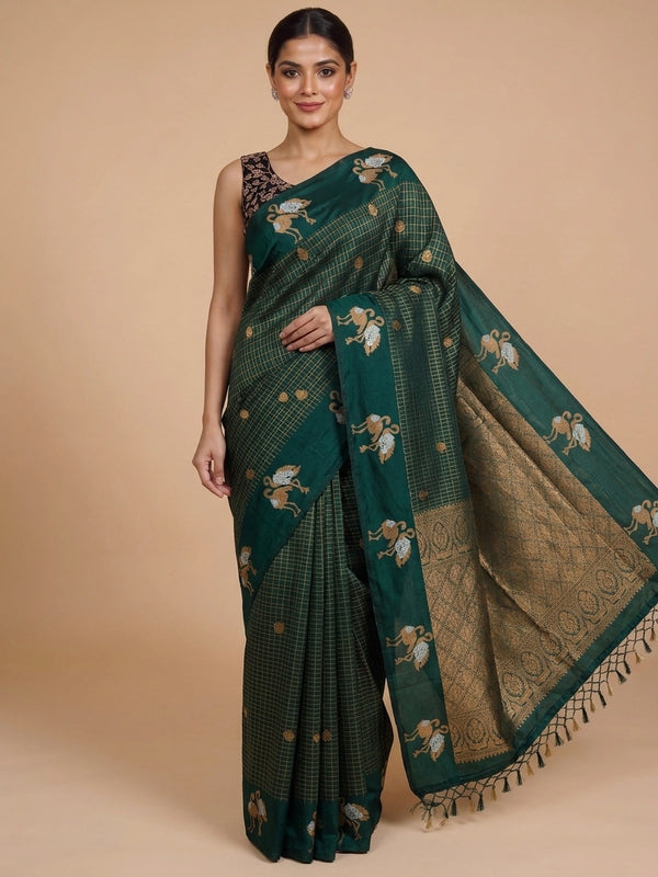 Bottle green semi raw silk saree with gold zari checks, yali motifs and contrast black embroidered blouse