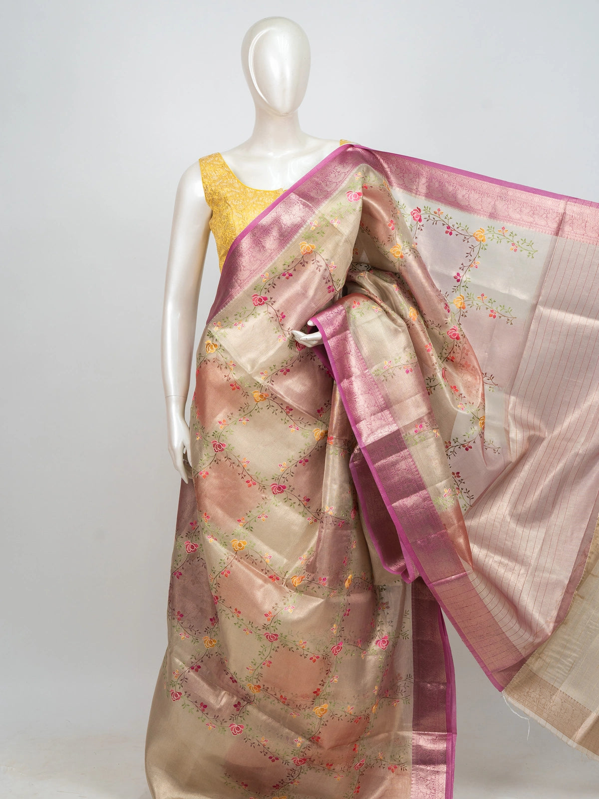 Beige and pink semi raw silk saree with floral embroidery and contrast gold zari border