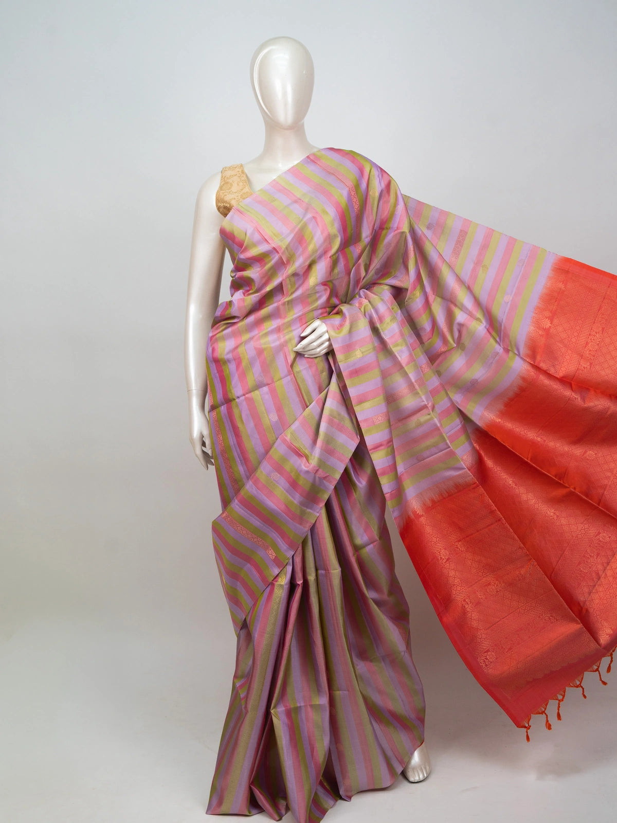 Multicoloured striped soft silk saree with gold zari buttas and contrast orange-red zari border and pallu