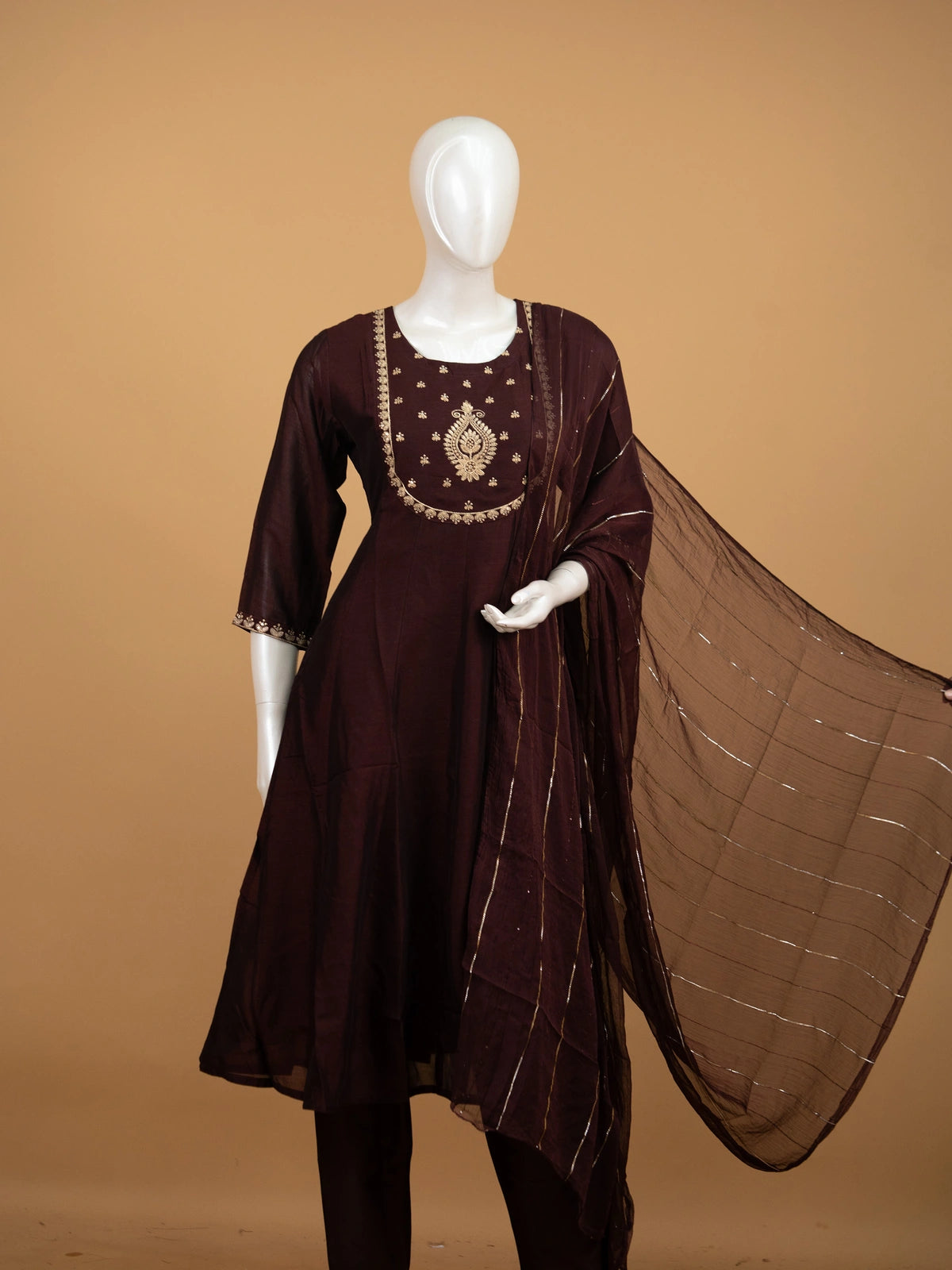 Wine art silk Anarkali kurti set with gold zari embroidered yoke and matching dupatta