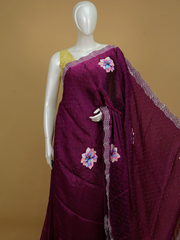 Magenta designer saree with multicolour floral print and silver stone-work border