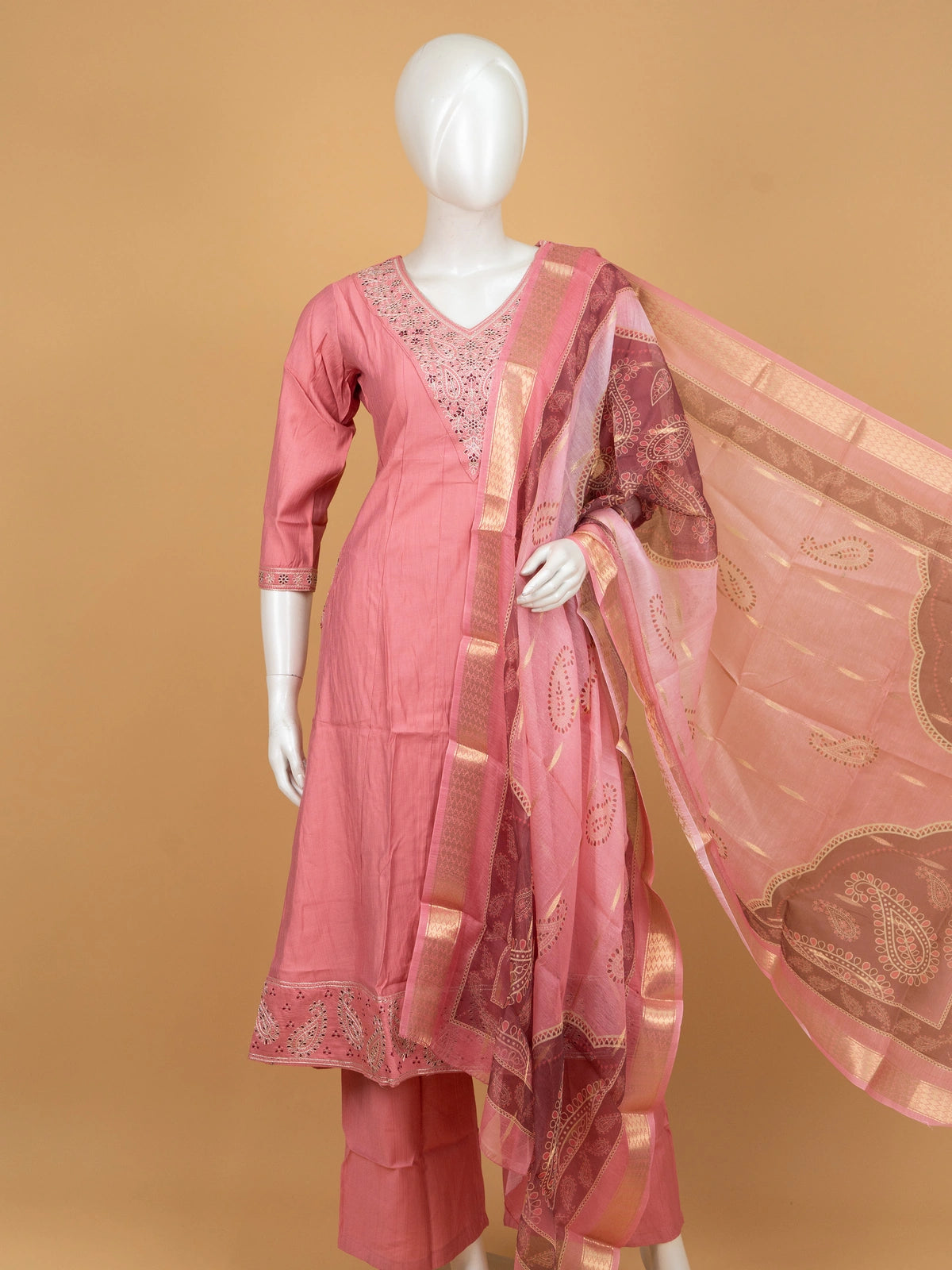 Rose Pink cotton embroidered A-Line kurti set with maroon contrast zari dupatta
