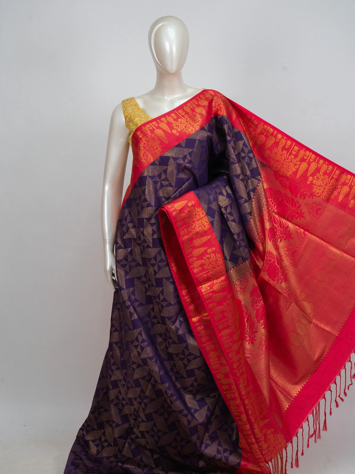 Purple Kanchipuram Fancy Silk saree with gold zari geometric body and contrast pink-red floral border and pallu