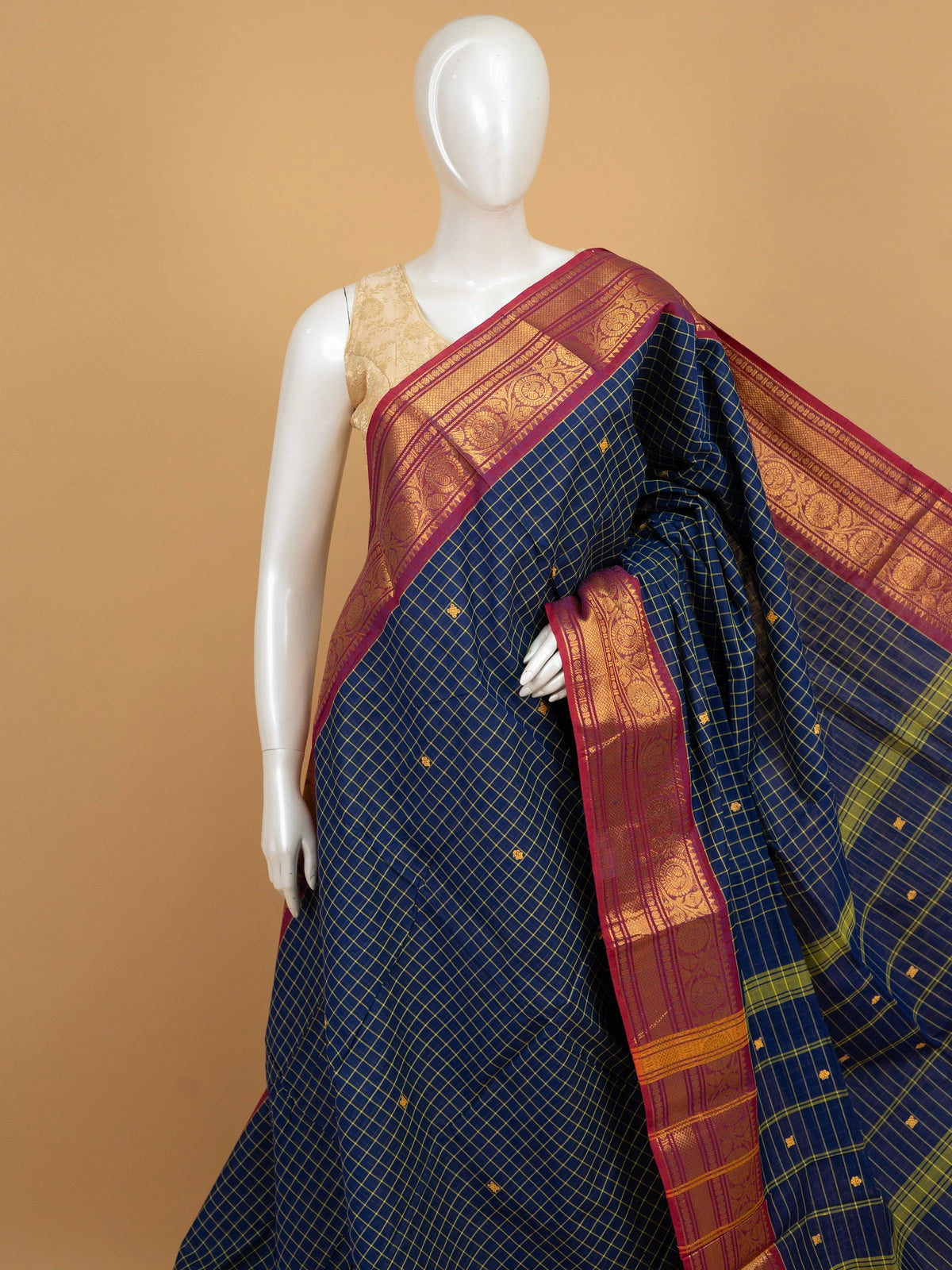 Blue Chettinad cotton saree with yellow checks and contrast magenta gold zari border