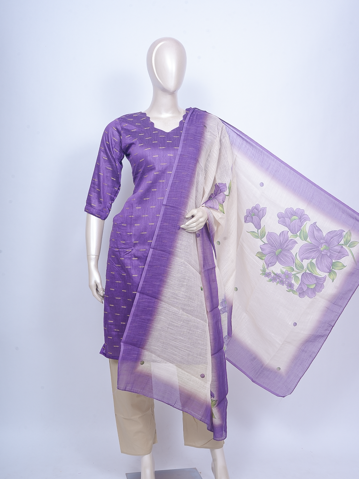 Purple zari buti kurti set with beige pants and floral hand-painted cream dupatta
