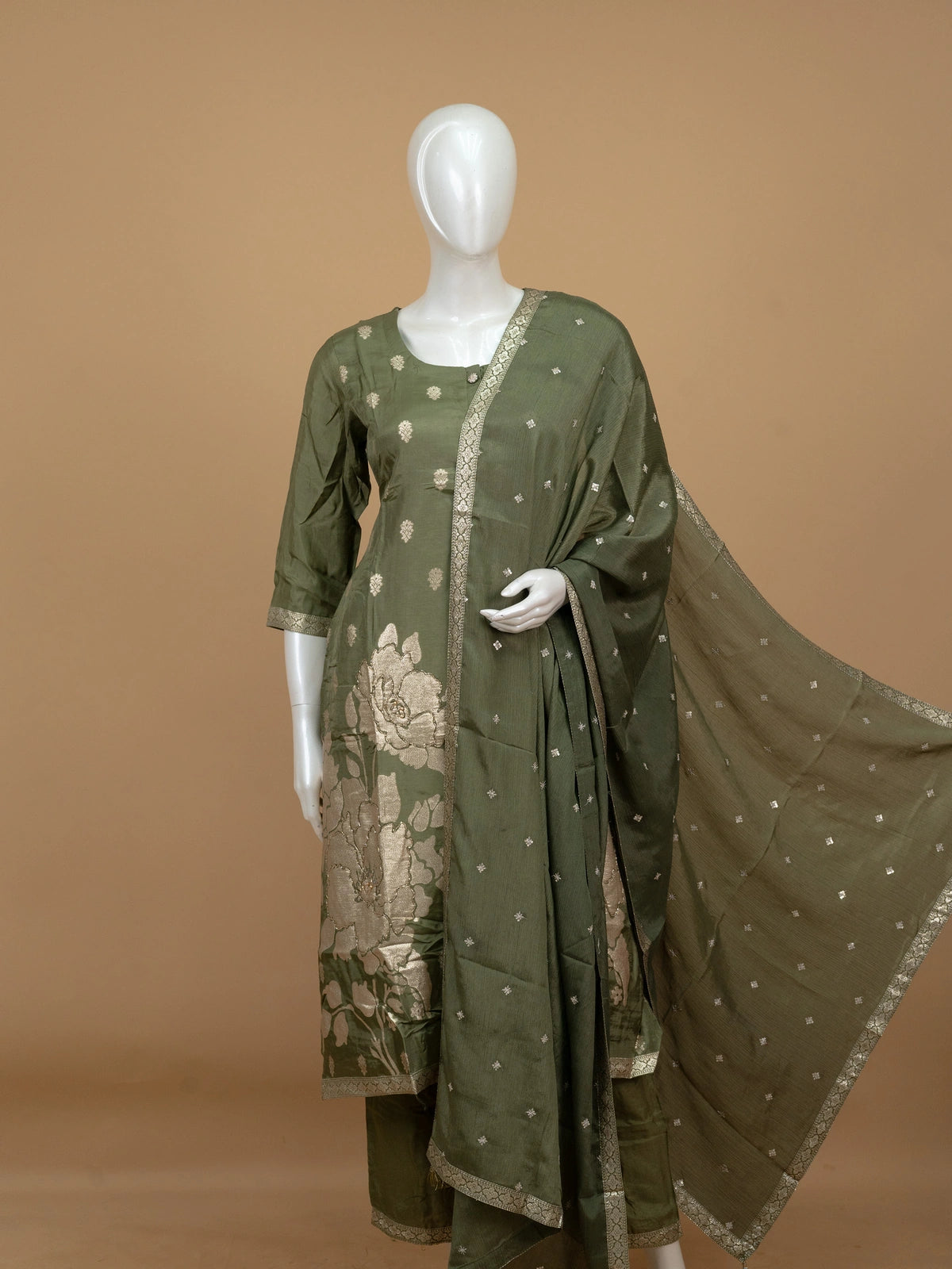 Olive Green zari floral silk straight cut kurti set with dupatta