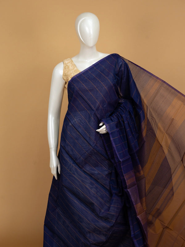 Navy blue silk cotton saree with copper stripes and contrast striped pallu