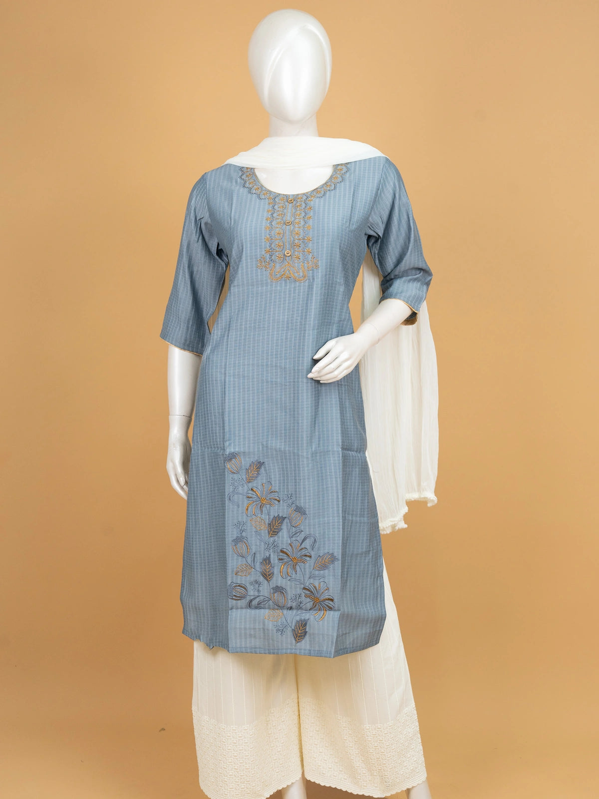 Grey Blue Cotton Zari Embroidered Anarkali Kurti Top with gold floral embroidery