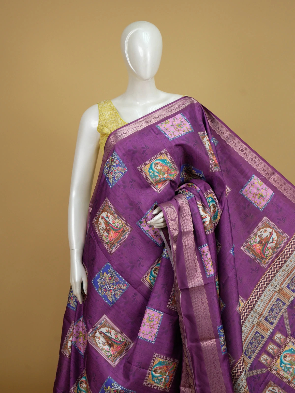 Purple Dola silk saree with Mughal miniature print panels and contrast pink gold zari border