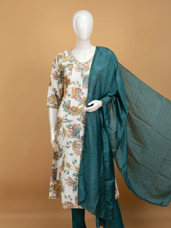 Off-White floral print A-line kurti set with embroidered neckline and teal dupatta