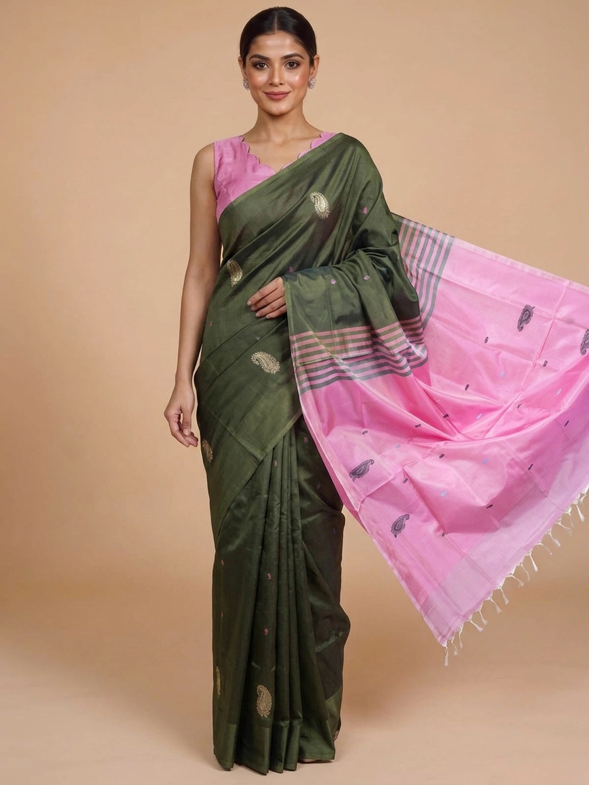 Olive Green and Pink Banana Silk Sarees