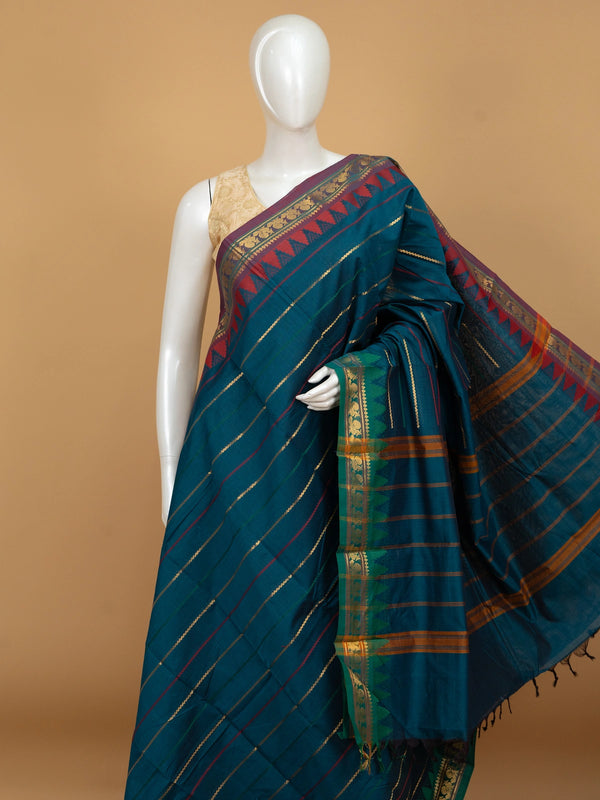Peacock blue Chettinad cotton saree with contrast maroon temple border and green zari-striped pallu