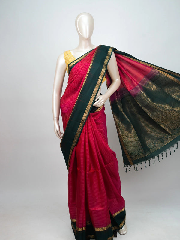 Pink soft silk saree with bottle-green contrast gold zari border and woven zari pallu
