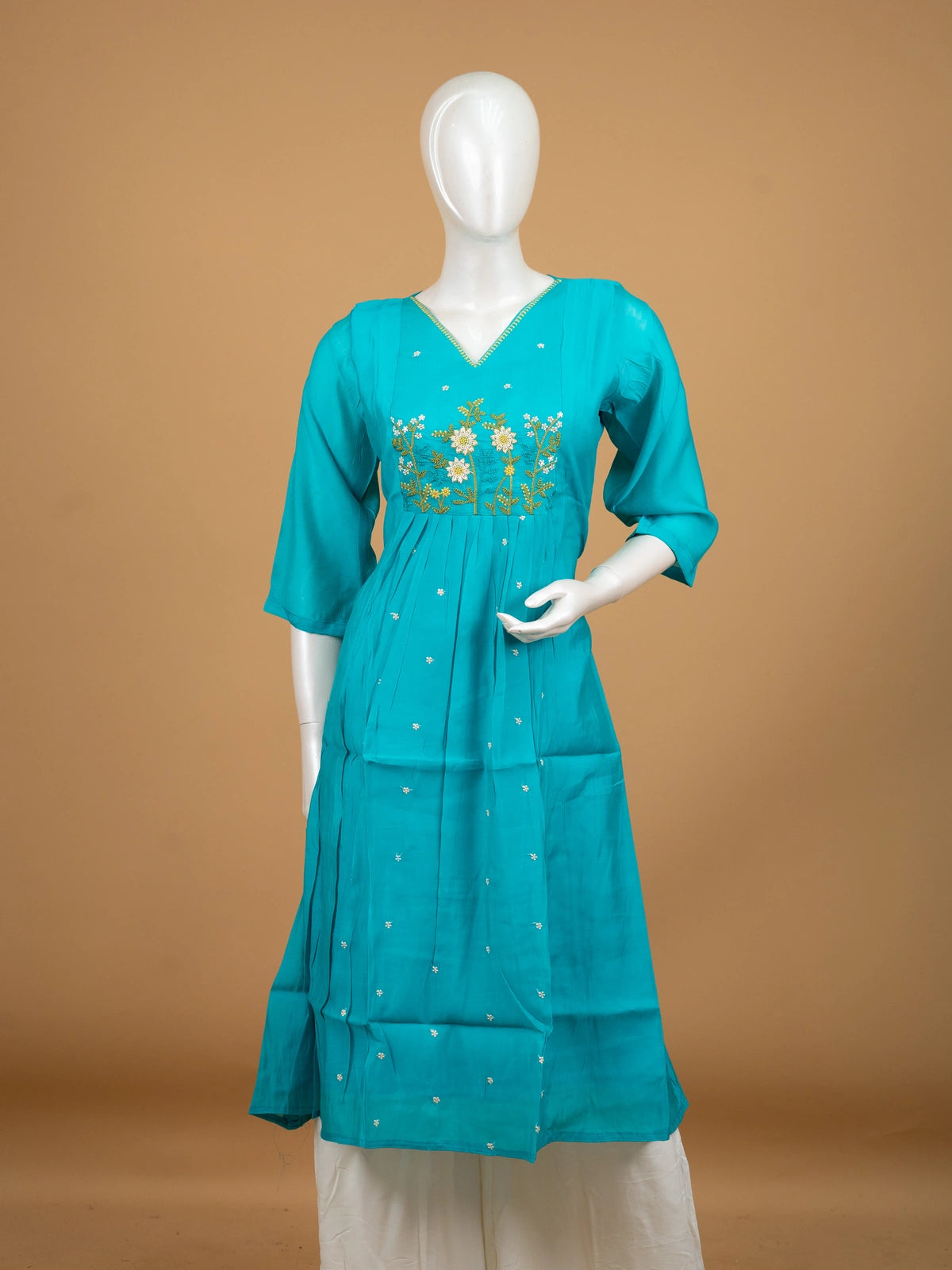 Teal floral embroidered cotton blend Anarkali kurti top with 3/4th sleeves