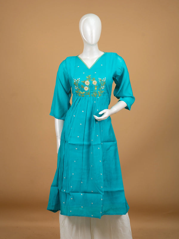 Teal floral embroidered cotton blend Anarkali kurti top with 3/4th sleeves