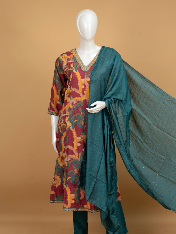 Maroon multicolour paisley print art silk A-Line kurti set with teal dupatta and pants