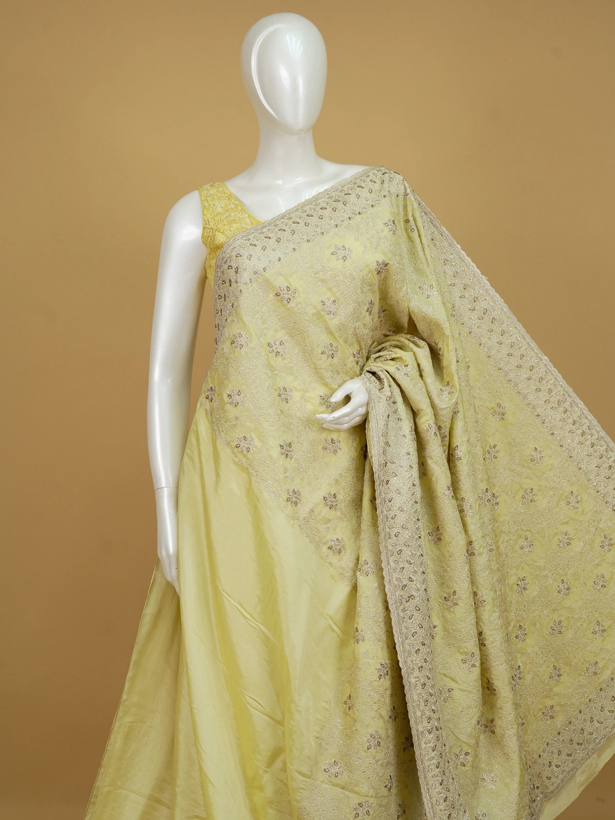 Lemon yellow designer art silk saree with all-over floral embroidery and sequin work