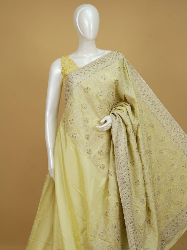 Lemon yellow designer art silk saree with all-over floral embroidery and sequin work