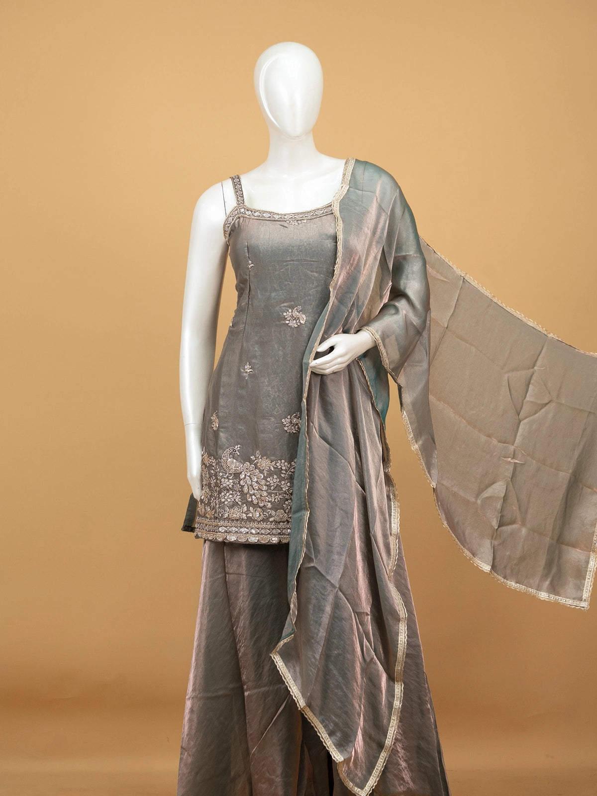 Grey tissue silk peacock embroidered straight cut kurti set with palazzo pants and shimmer dupatta
