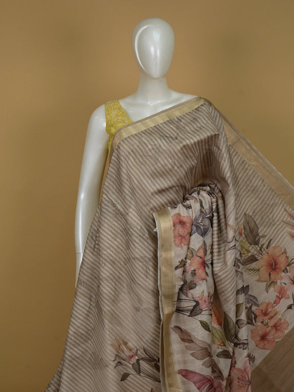 Beige linen cotton saree with tropical floral hummingbird print and gold zari border
