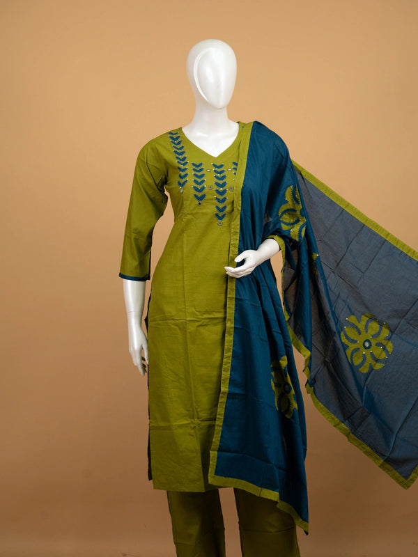 Olive green cotton straight cut kurti set with teal applique mirror work and matching teal floral dupatta
