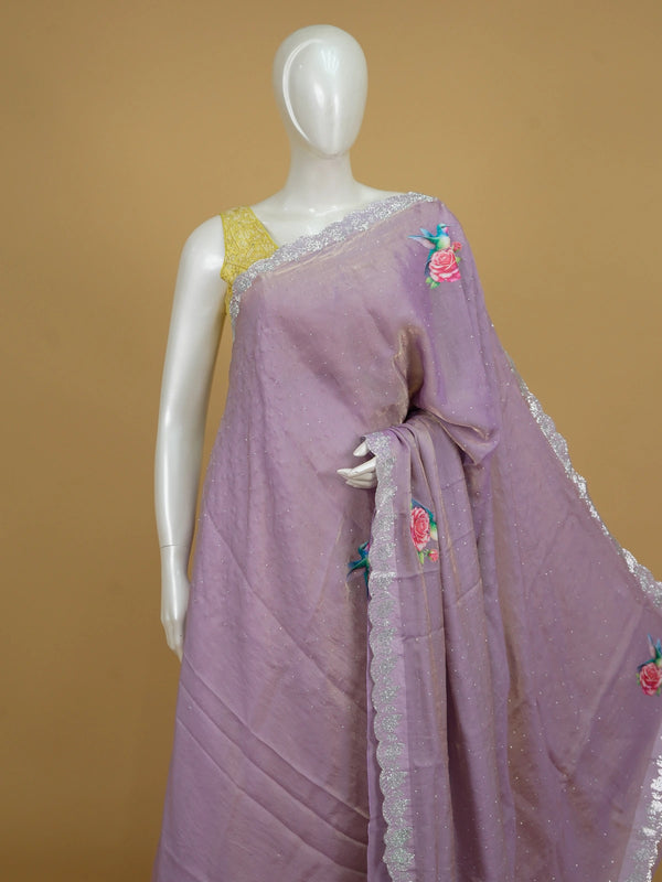 Lilac organza designer saree with hummingbird-and-rose print, silver stone scalloped border and contrast plum blouse