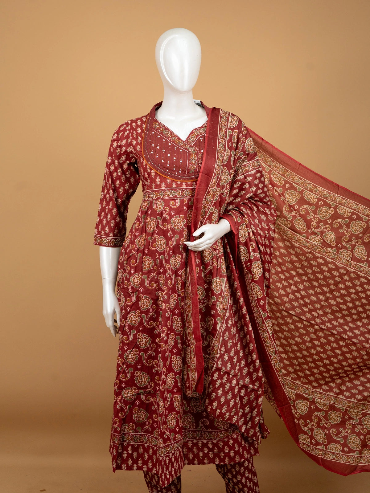 Maroon floral block print cotton Anarkali kurti set with embellished yoke, straight pants and printed dupatta