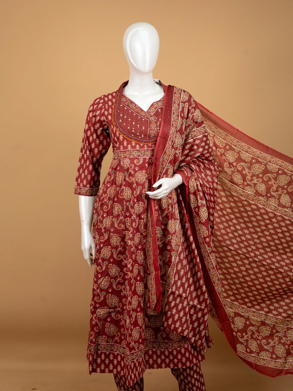 Maroon floral block print cotton Anarkali kurti set with embellished yoke, straight pants and printed dupatta