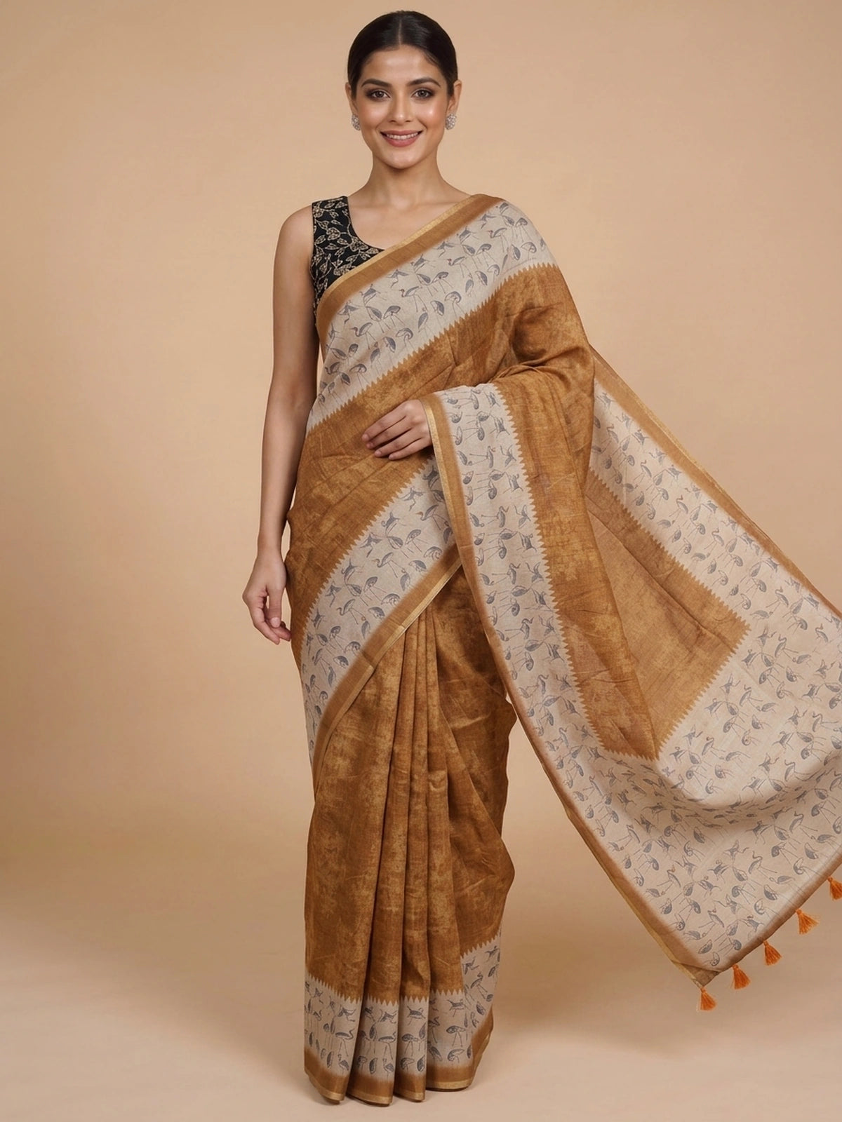 Mustard Brown and Cream Linen Cotton Saree