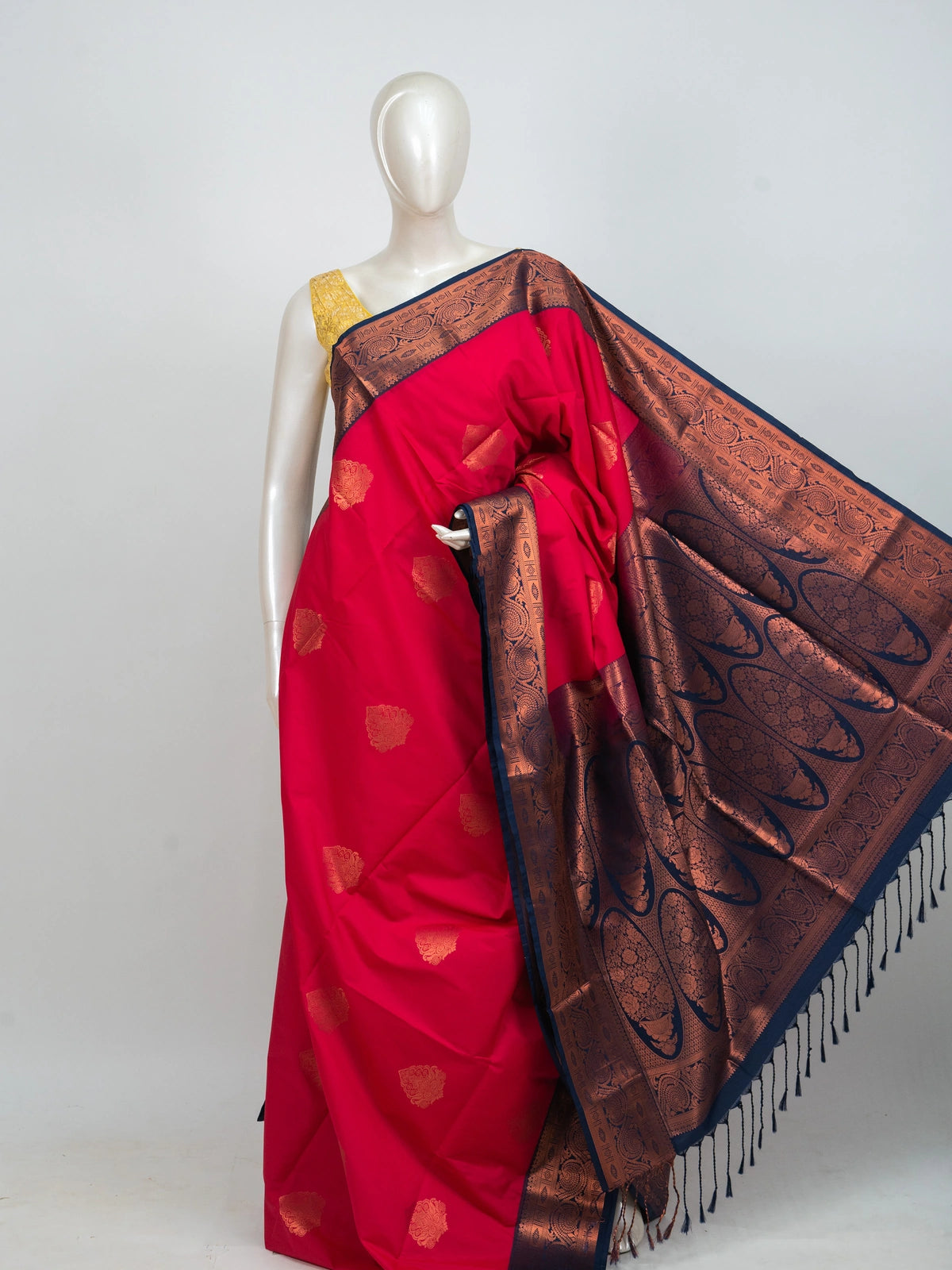 Red Kanchipuram Fancy Silk saree with navy blue contrast border and copper zari pallu